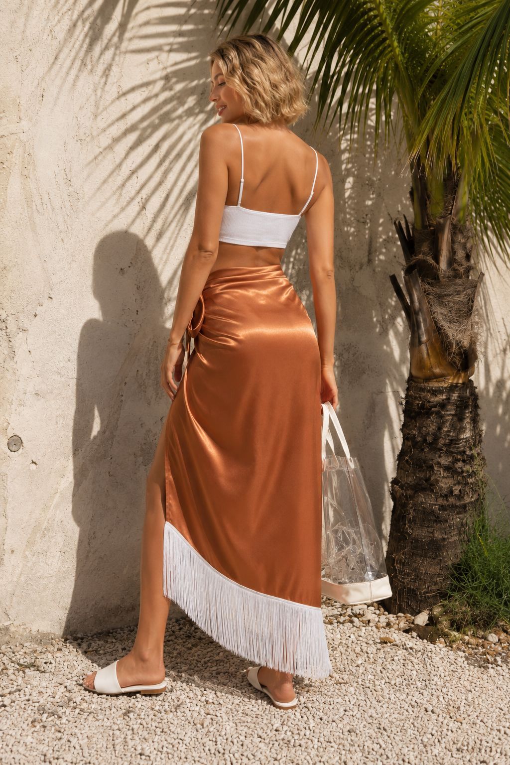 Handmade terracotta satin pareo with long white fringe for resort wear