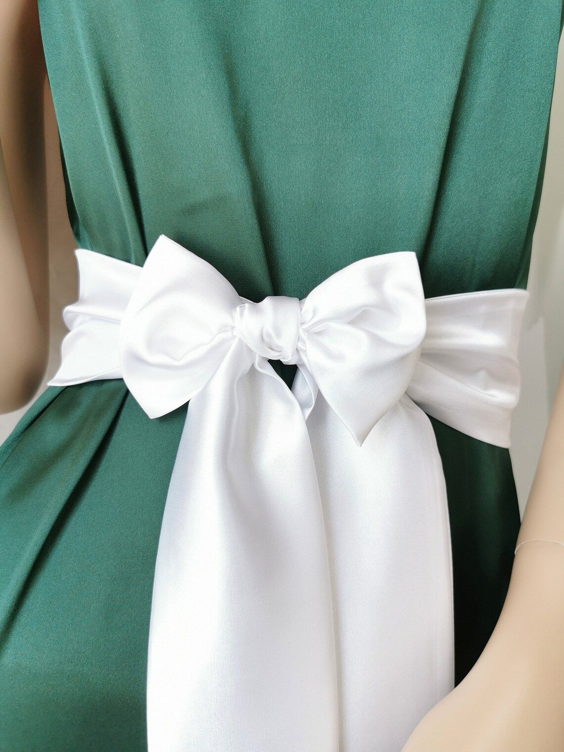 Classic white satin bridal sash with flowing bow tails