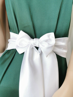 Classic white satin bridal sash with flowing bow tails