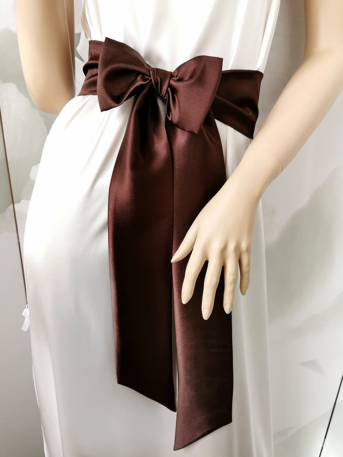 Rich chocolate brown satin waist belt with long tails