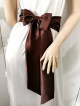 Rich chocolate brown satin waist belt with long tails