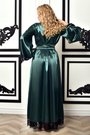 Long Dark Green Satin Kimono Robe with Black Lace-trim – Back View