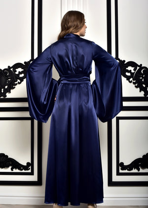 Navy dressing gown, a chic choice for bridal party, offering a striking floor-length look