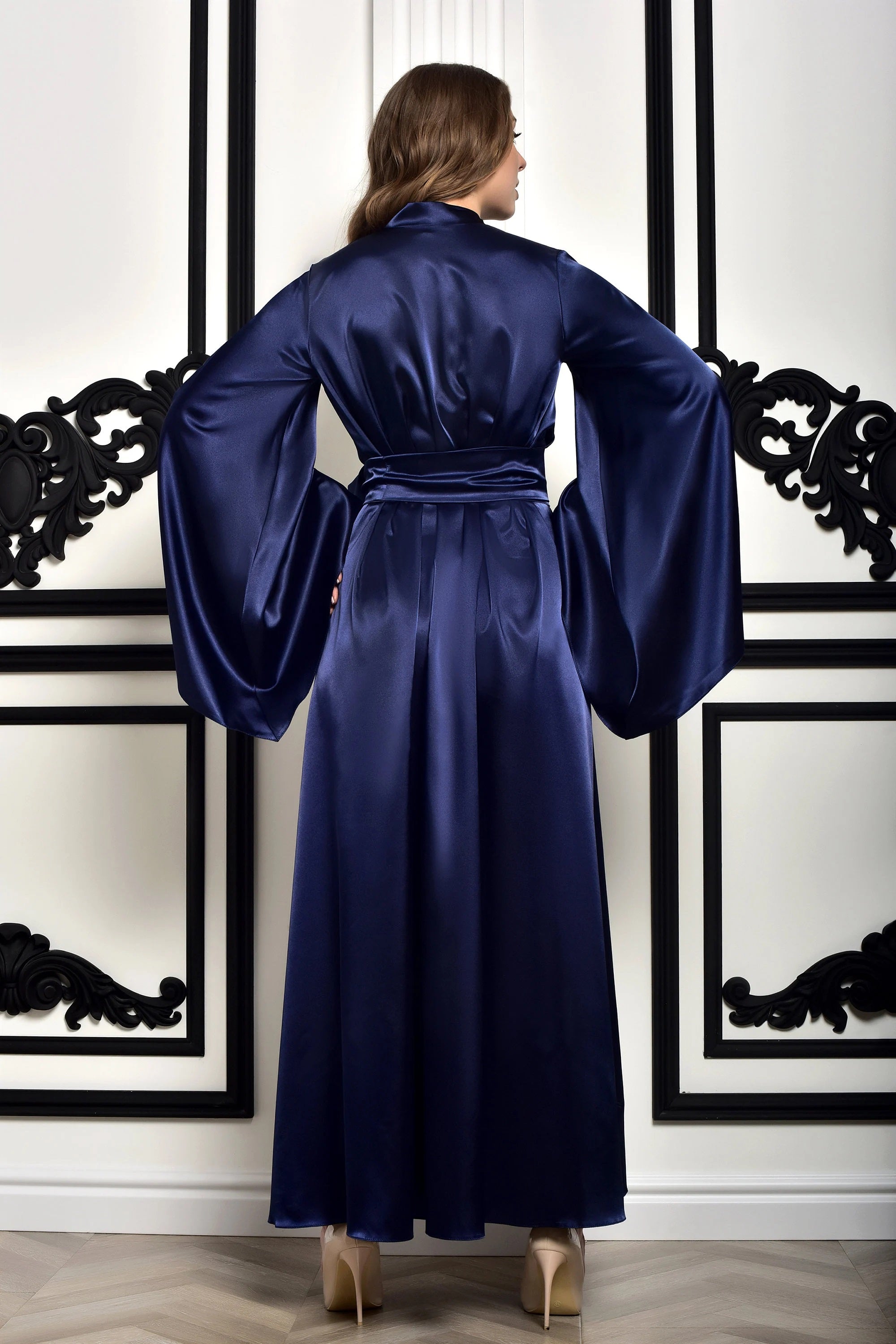 Navy dressing gown, a chic choice for bridal party, offering a striking floor-length look
