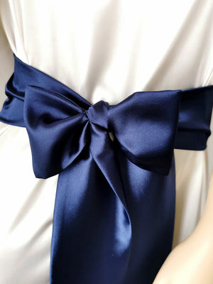 Deep navy satin waist belt with flowing satin tails