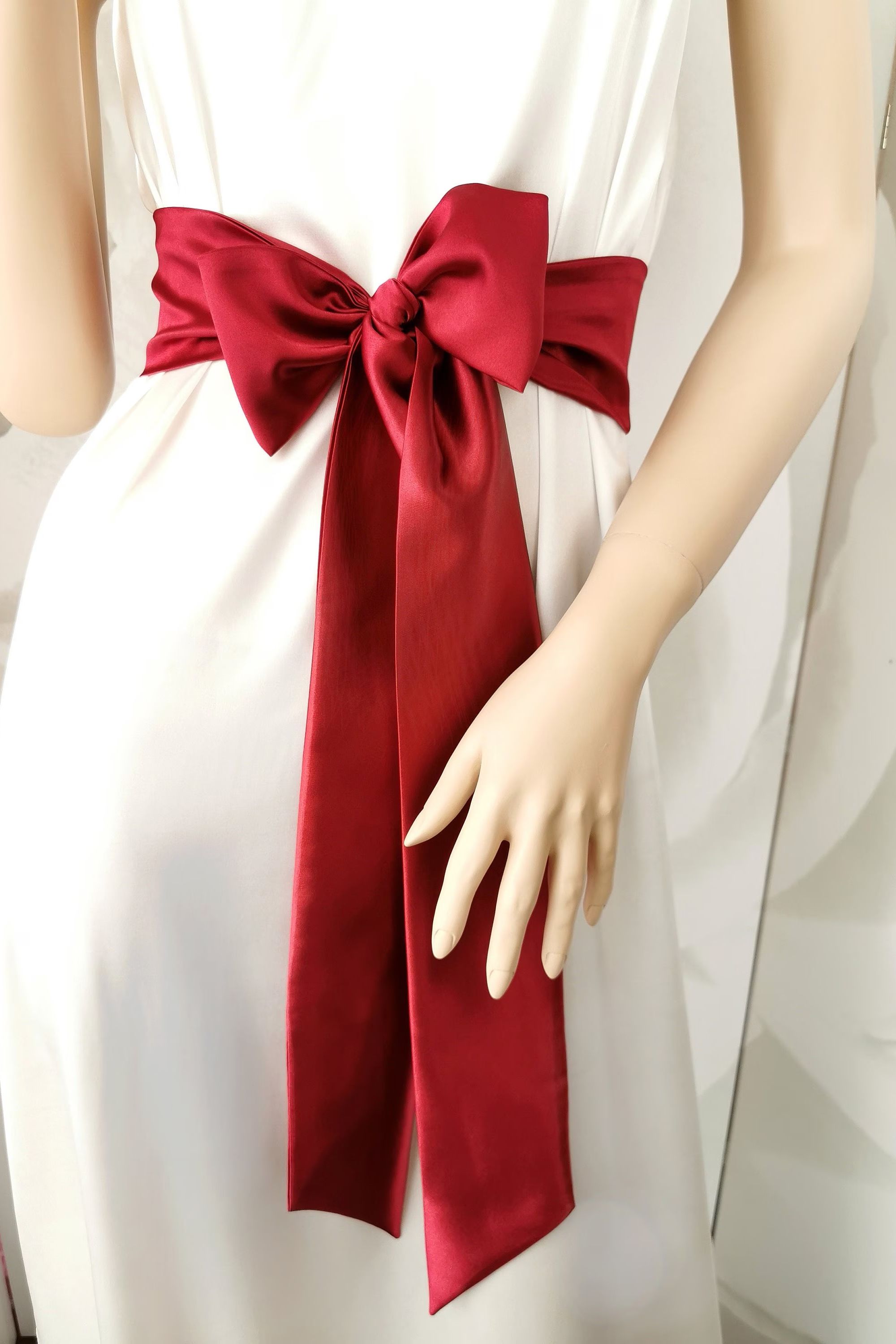 Deep burgundy satin waist belt with elegant long tails