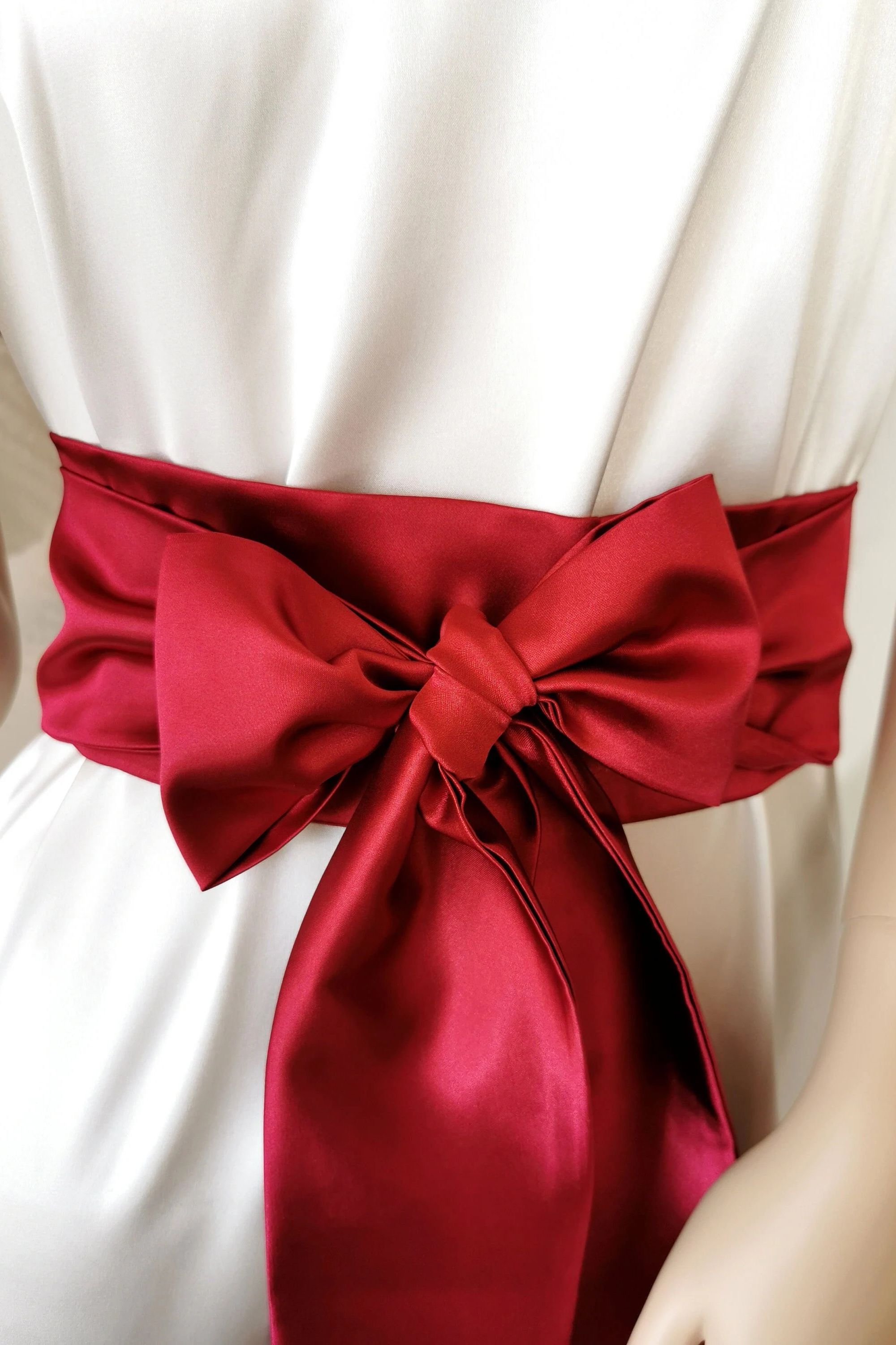 Luxury burgundy satin bow belt for dresses and special occasions