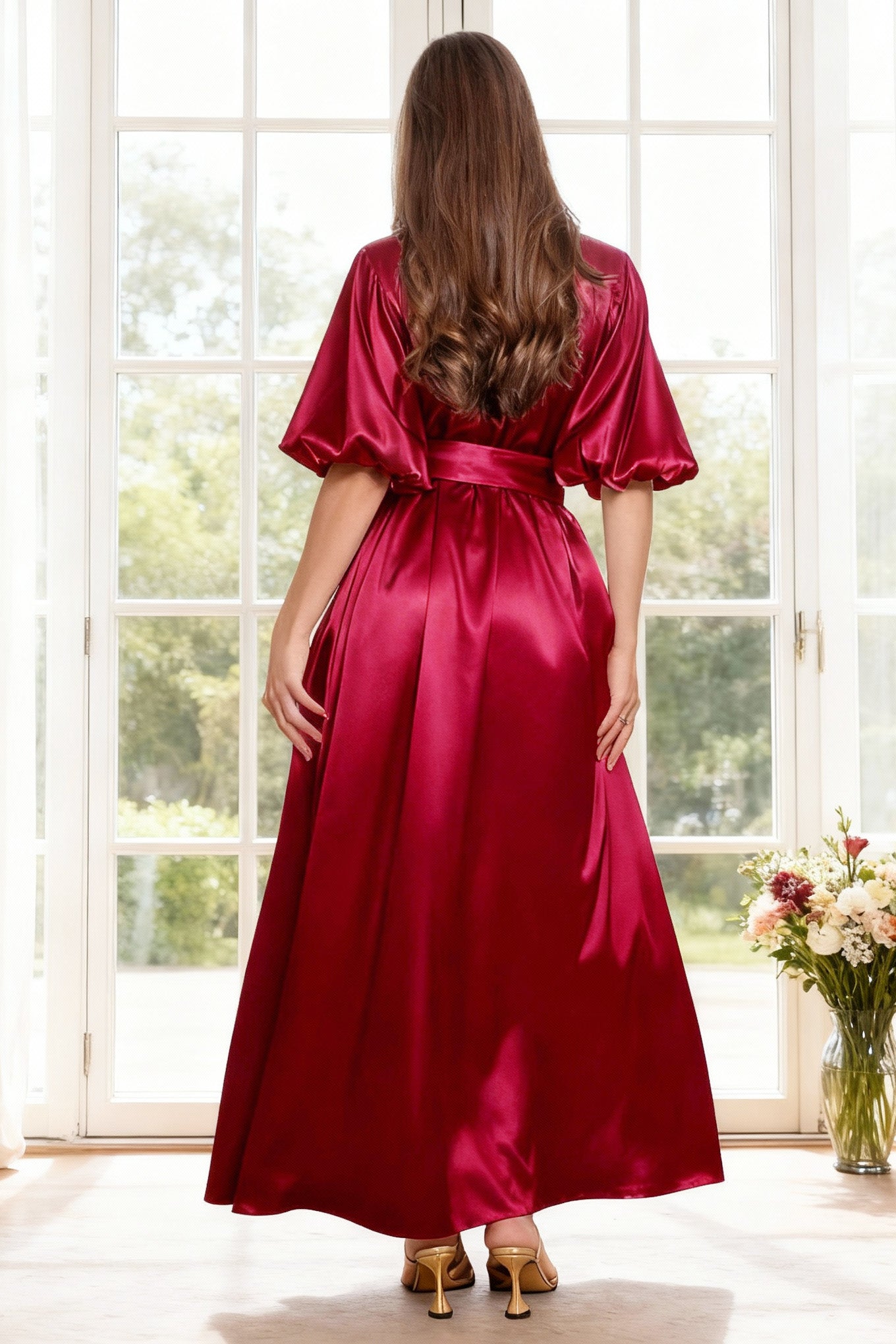 Burgundy satin long robe with balloon sleeves