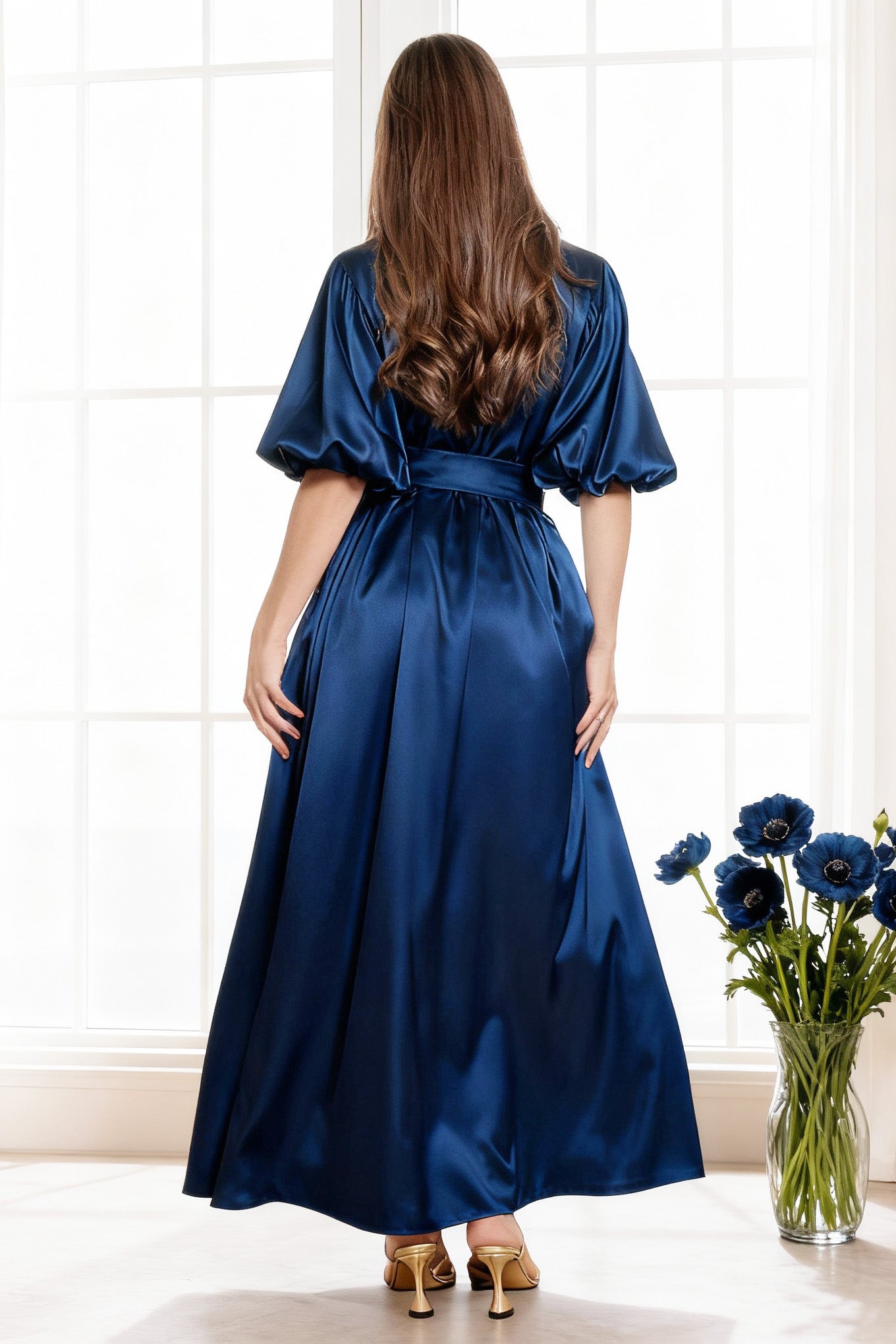 Dark navy maxi satin robe for women