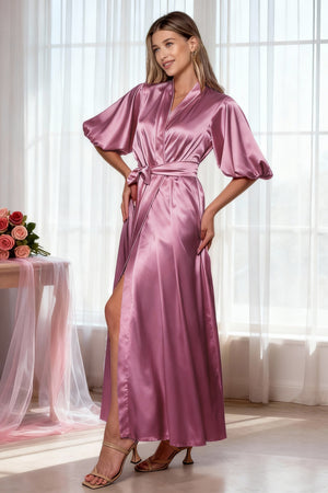Dark pink satin robe for boudoir photoshoot