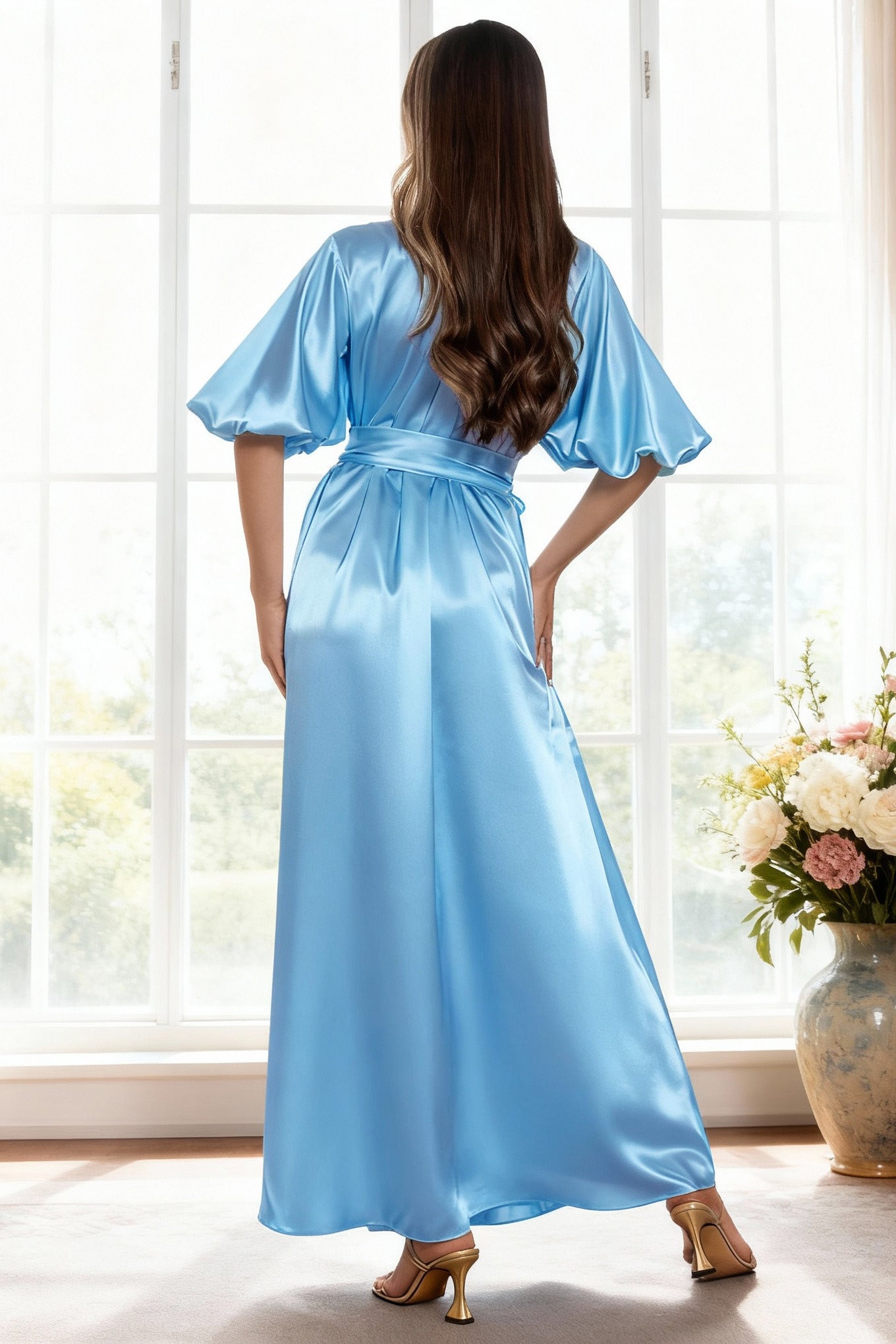 Women’s sky blue satin robe with voluminous sleeves