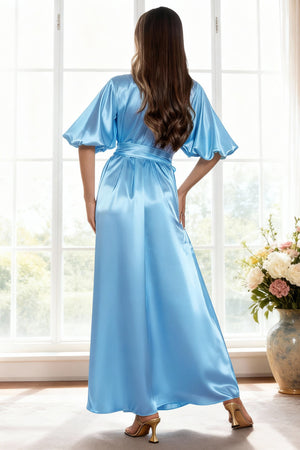 Women’s sky blue satin robe with voluminous sleeves