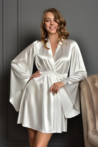 Short and sexy kimono-style bridal robe in luxurious ivory satin