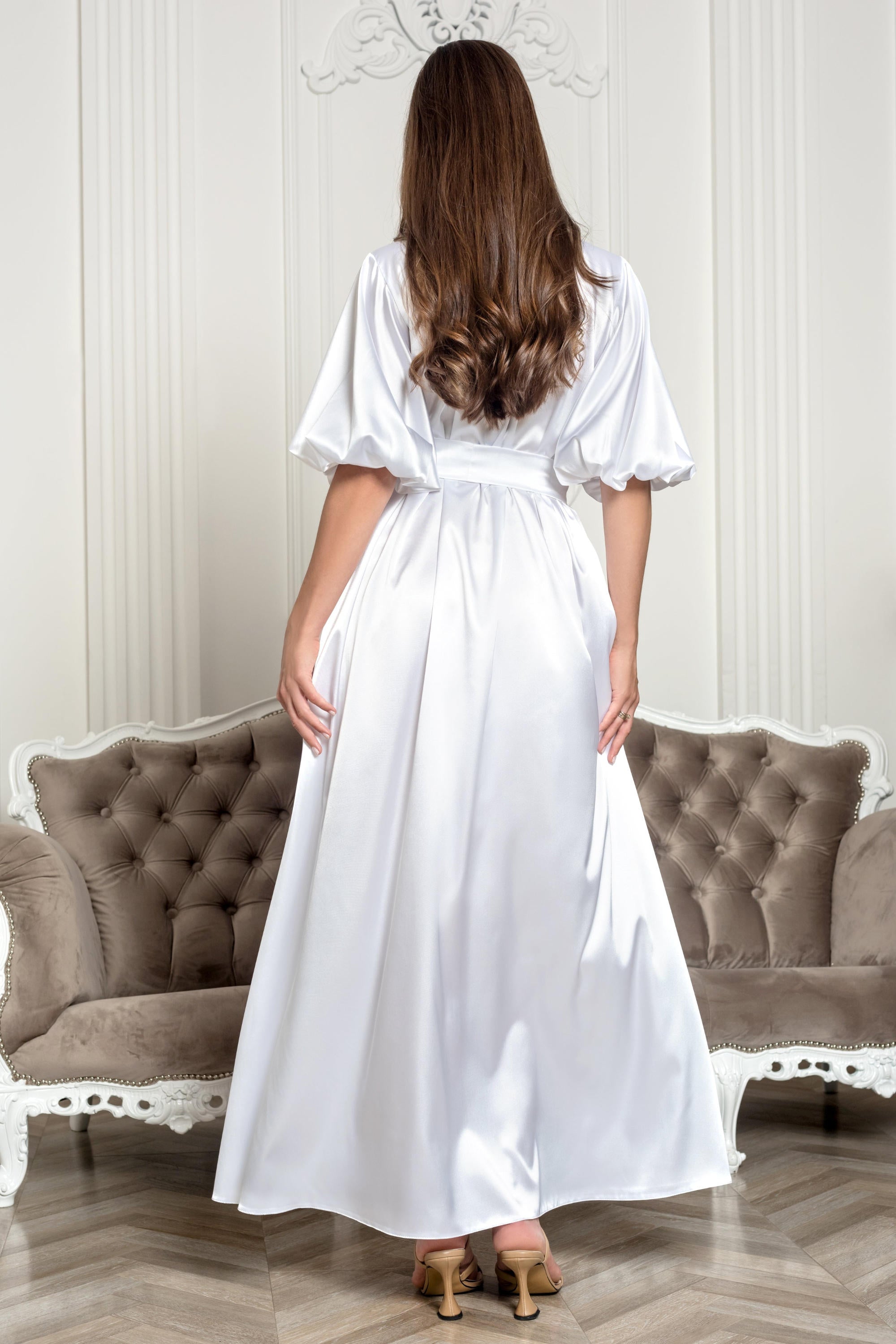 White satin getting-ready robe for bride