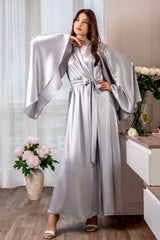 Silver gray satin robe with flowing bell sleeves