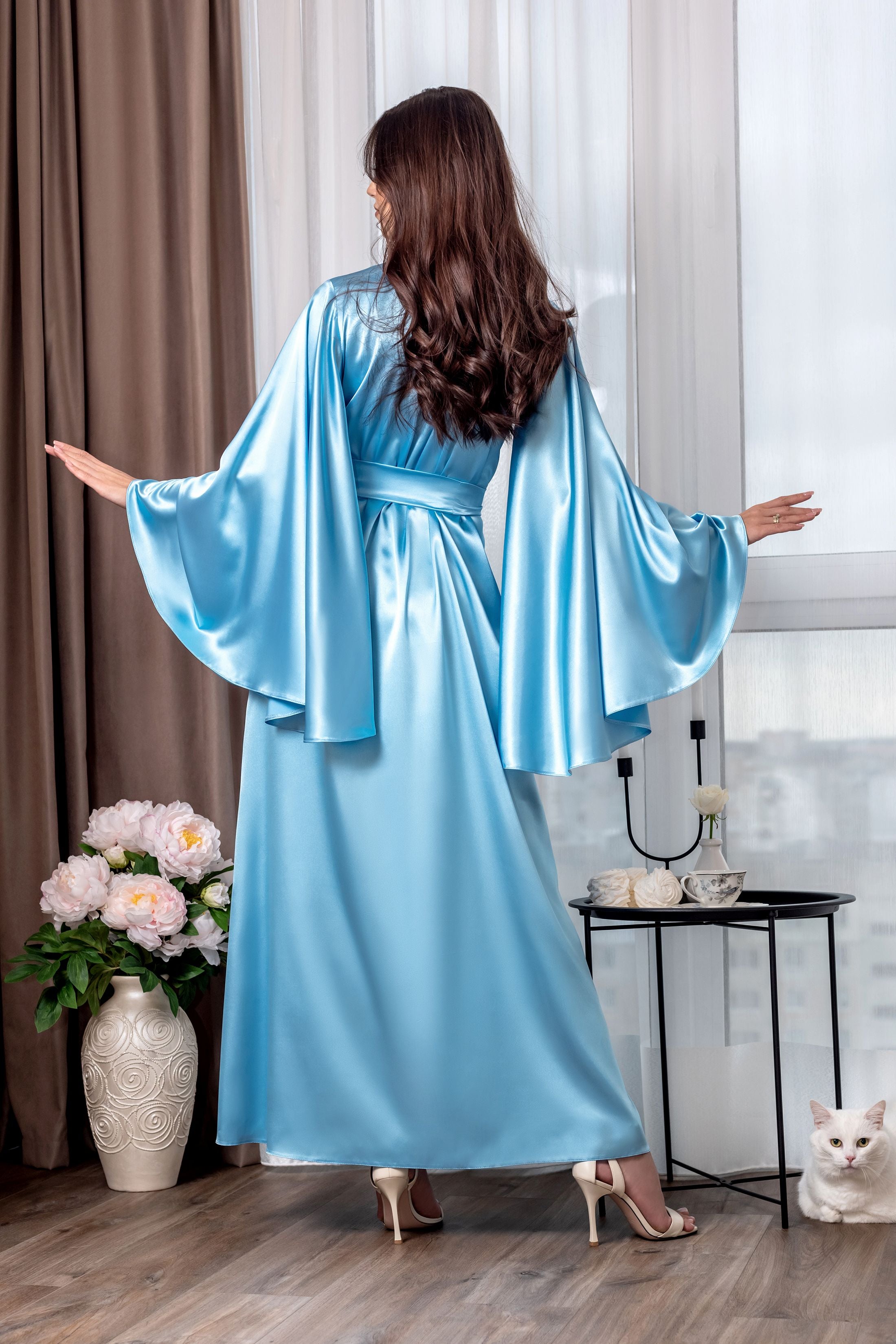 Pastel blue satin robe for bridal morning and gifting