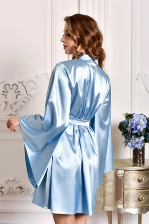 Sky blue satin mini robe with wide sleeves