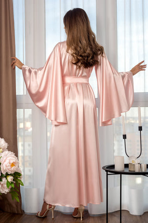 Satin getting-ready robe in blush with kimono sleeves