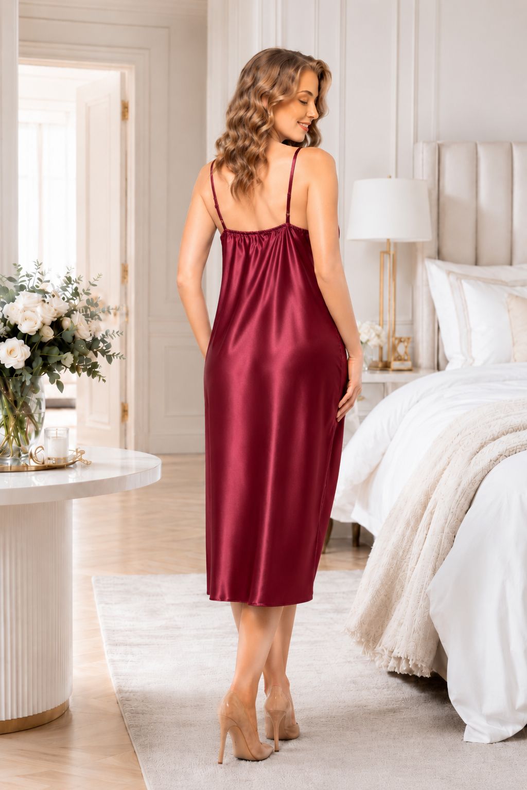 burgundy nightgown, satin peignoir set,  long robe, balloon sleeve, cowl neck nightgown, bridal getting ready, burgundy bridal robe, luxury sleepwear women, honeymoon lingerie set, boudoir robe, plus size satin robe, custom size nightgown, burgundy satin sleepwear