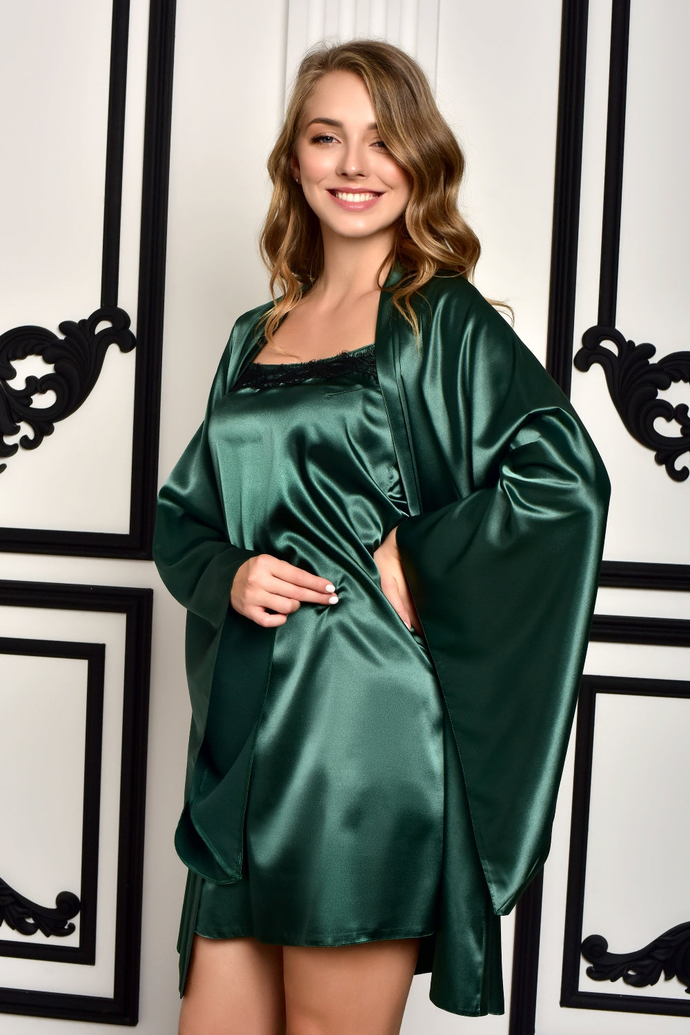 Dark Green Lingerie Chemise and Kimono Set