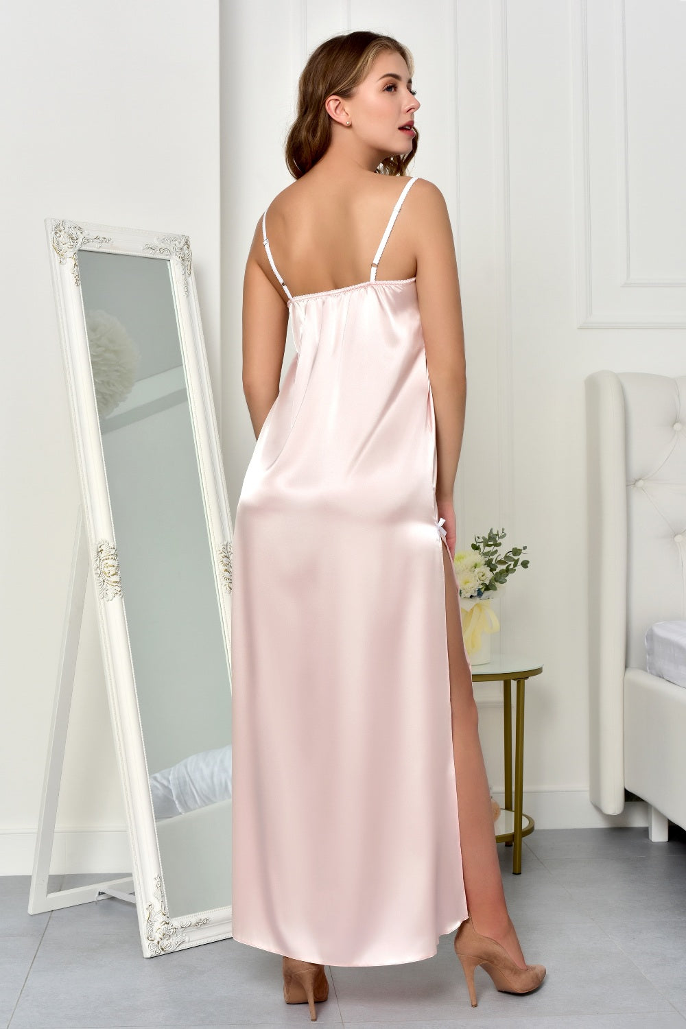 Handmade Light Pink Satin Nightdress with Side Slits