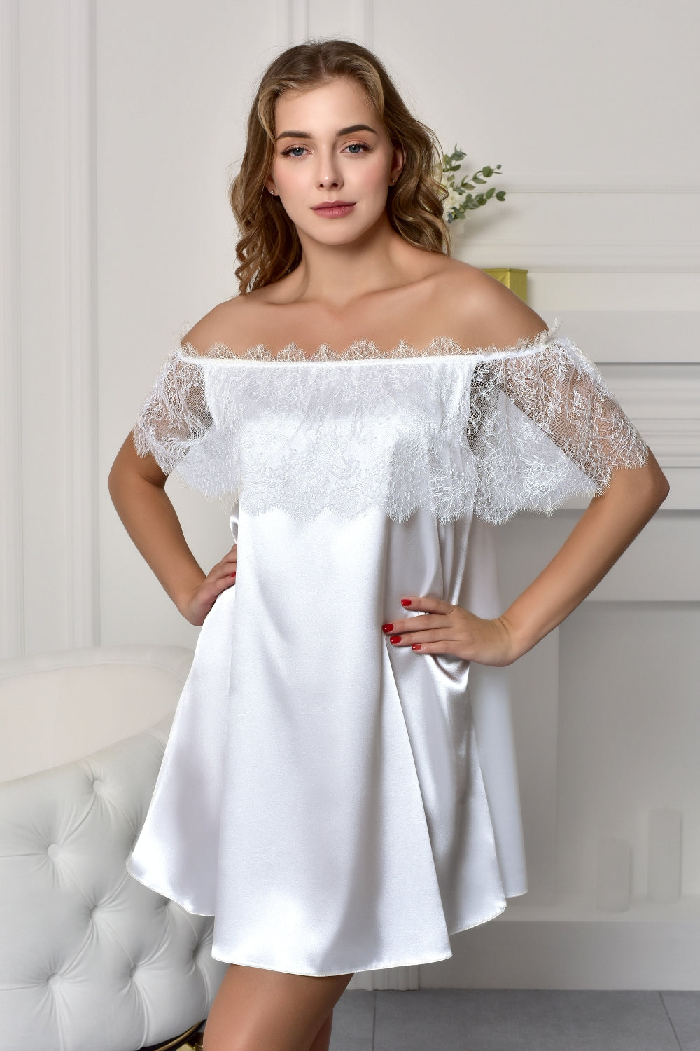 White Off-Shoulder Flared Bridal Nightgown Front View