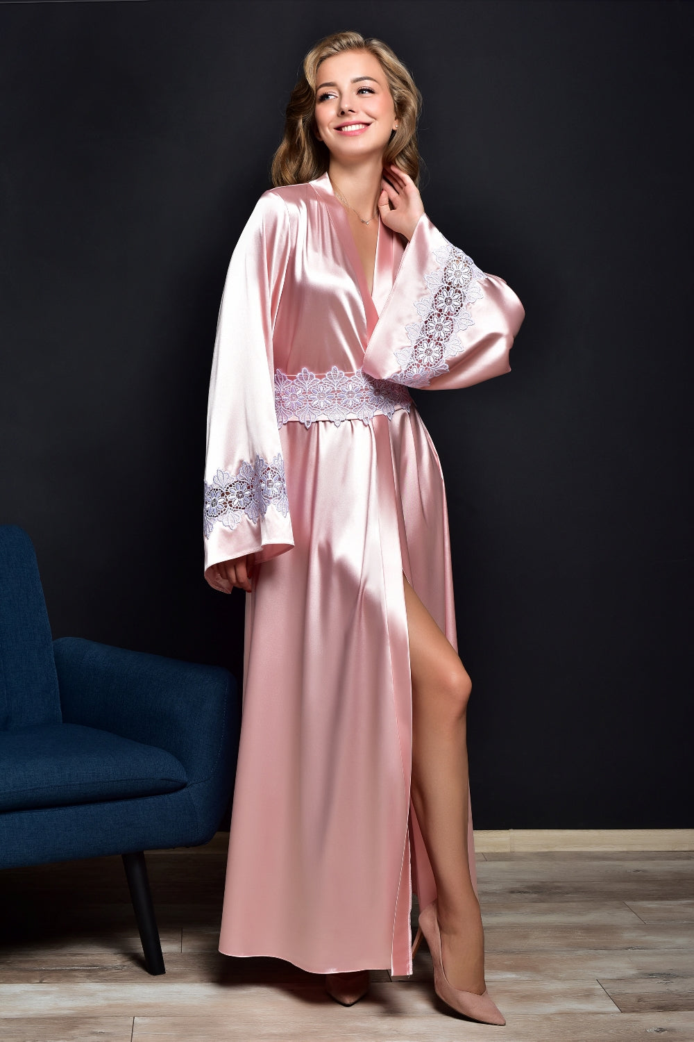 Image of Pink Satin Maxi Robe with Venise Lace Trim
