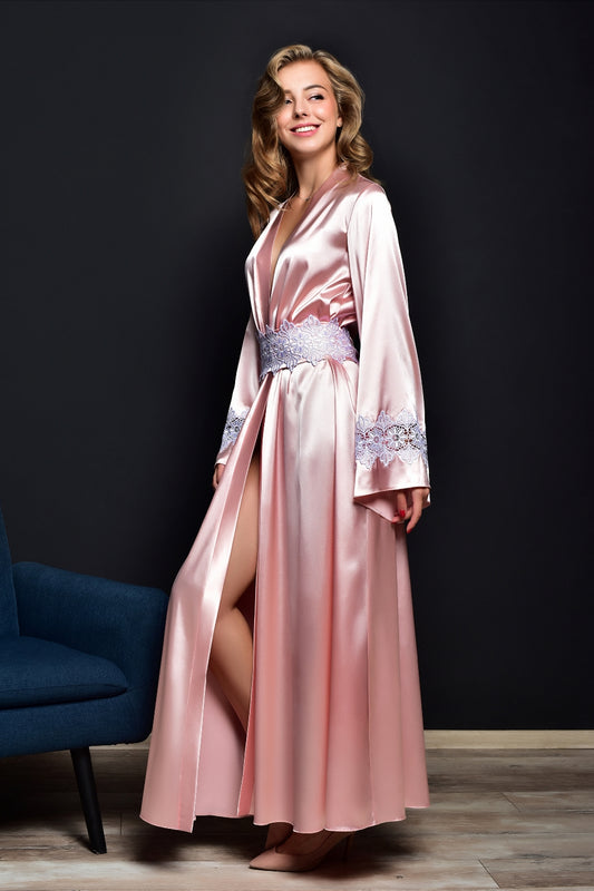 Bachelorette party-ready: Long Pink Satin Kimono with Venise Lace Trim