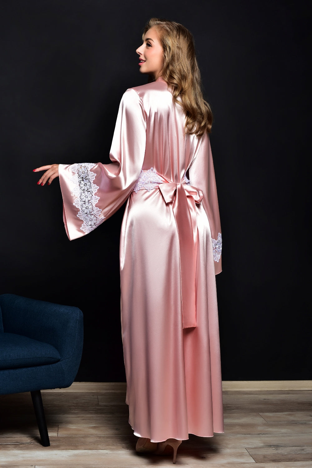 Bridesmaid in Pink Satin Maxi Robe with Lace Detail