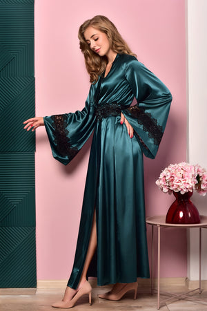 Unique handmade green bridal kimono with stretch satin