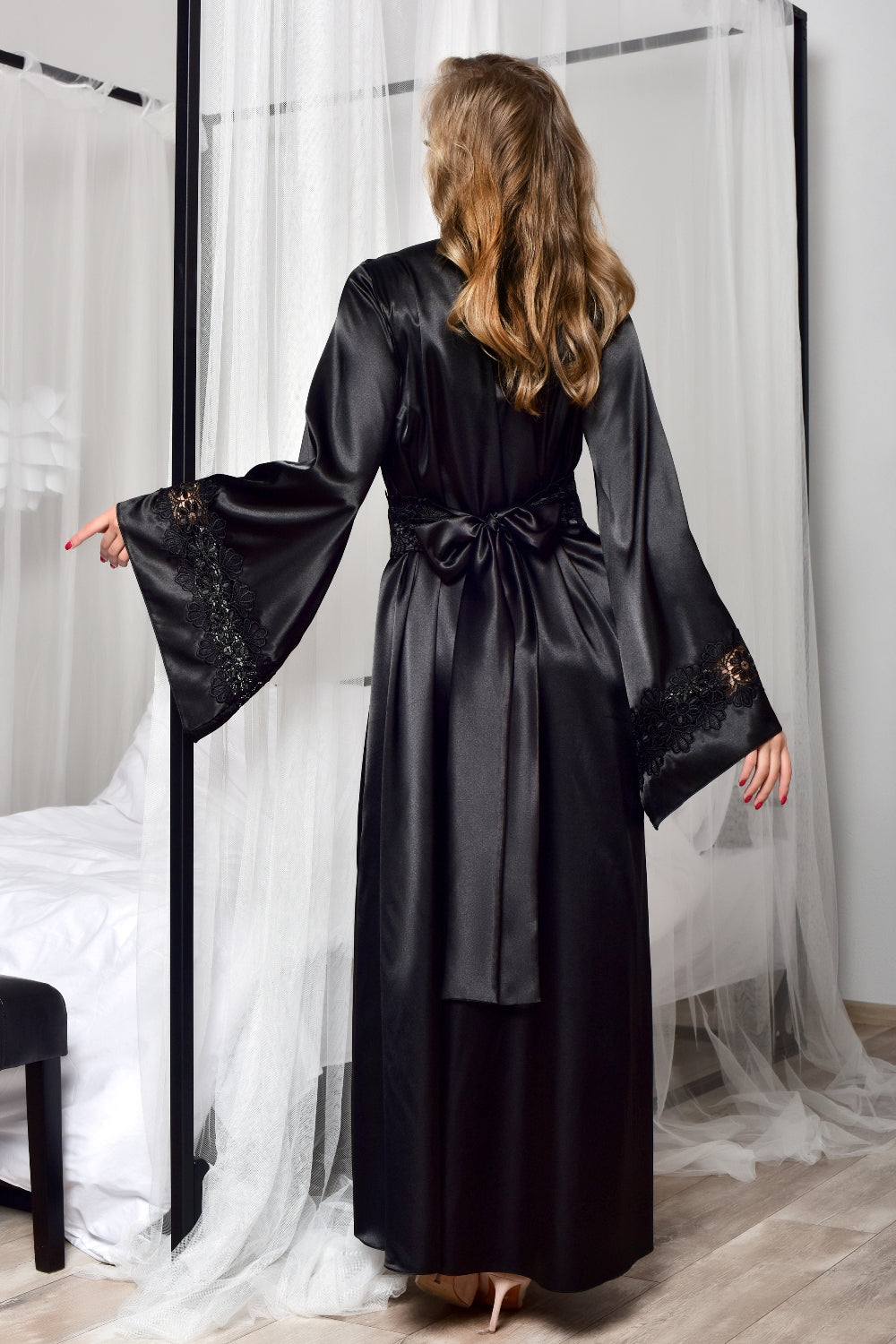 Lace trim sexy kimono robe Black