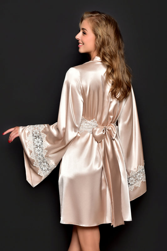 Elegant Beige Bridal Robe with Venise Lace Detailing