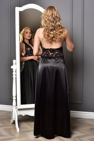 Back view of the nightgown, featuring the alluring open back design, ideal for a captivating photoshoot