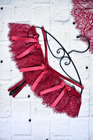 Bordeaux Lace Crotchless Thong Panties - Perfect for Wedding Nights and Honeymoons