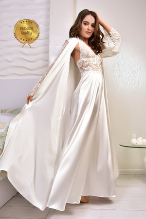 Bridal peignoir set ivory satin and lace, any sizes - plus, standart, custom fit