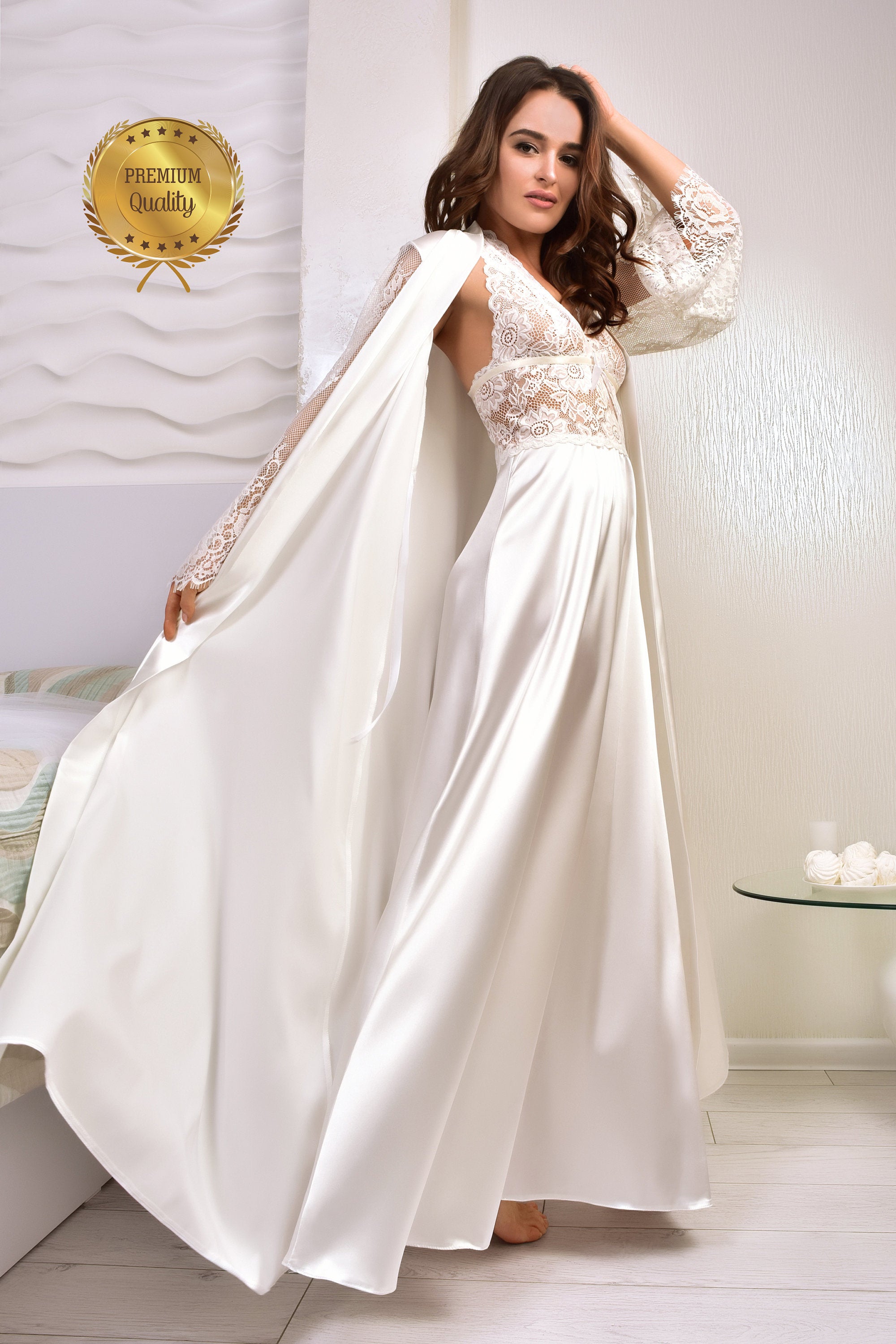 Bridal peignoir set ivory satin and lace, any sizes - plus, standart, custom fit