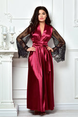 Burgundy satin bridal robe with Black lace sleeves