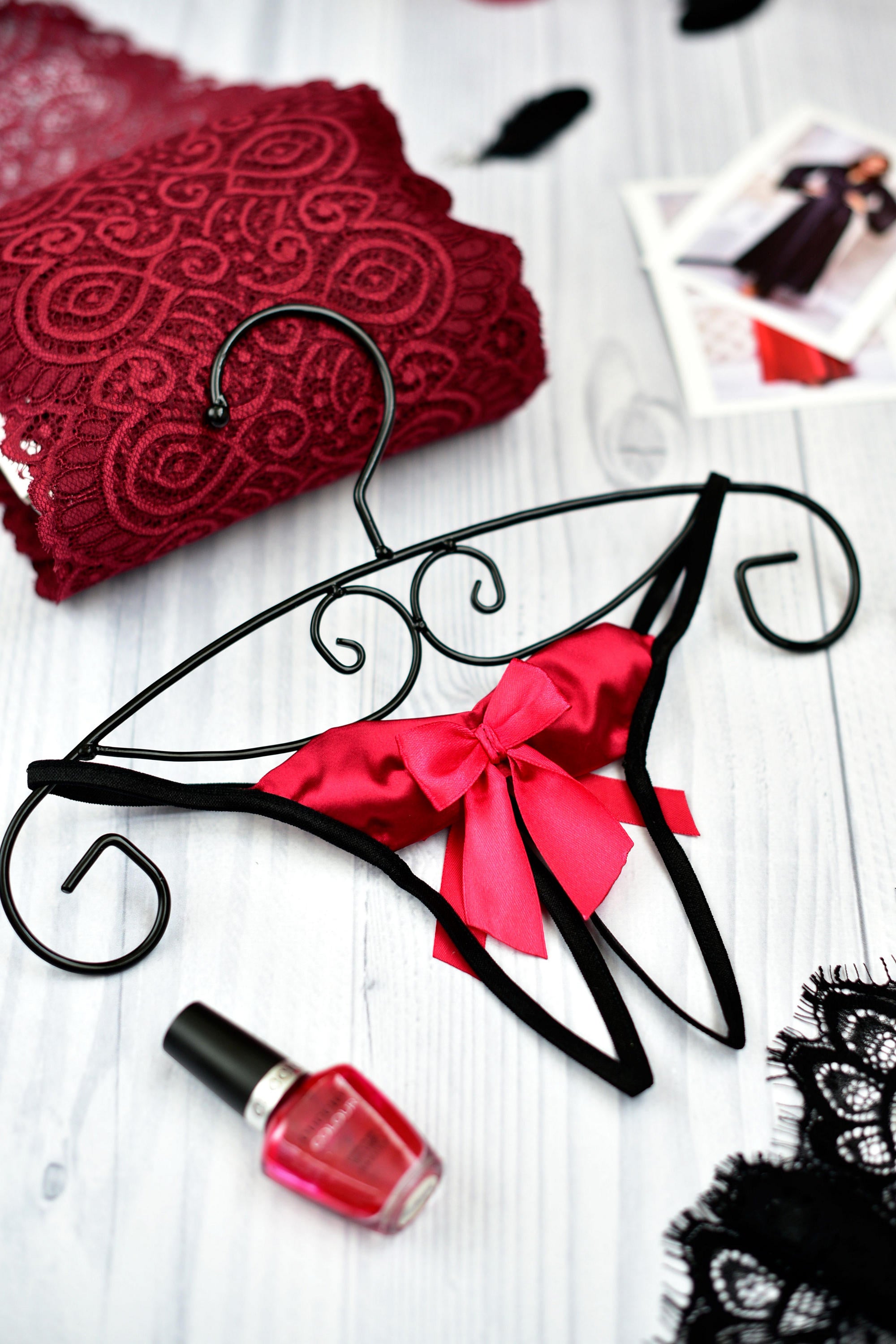 Black with Wine Crotchless Panties - Front View