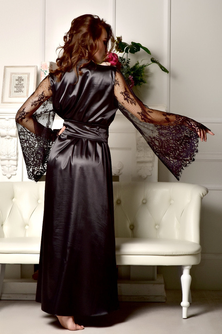 Floor Length Bridal Robe - Black Satin and Lace - Gothic Style for Memorable Moments
