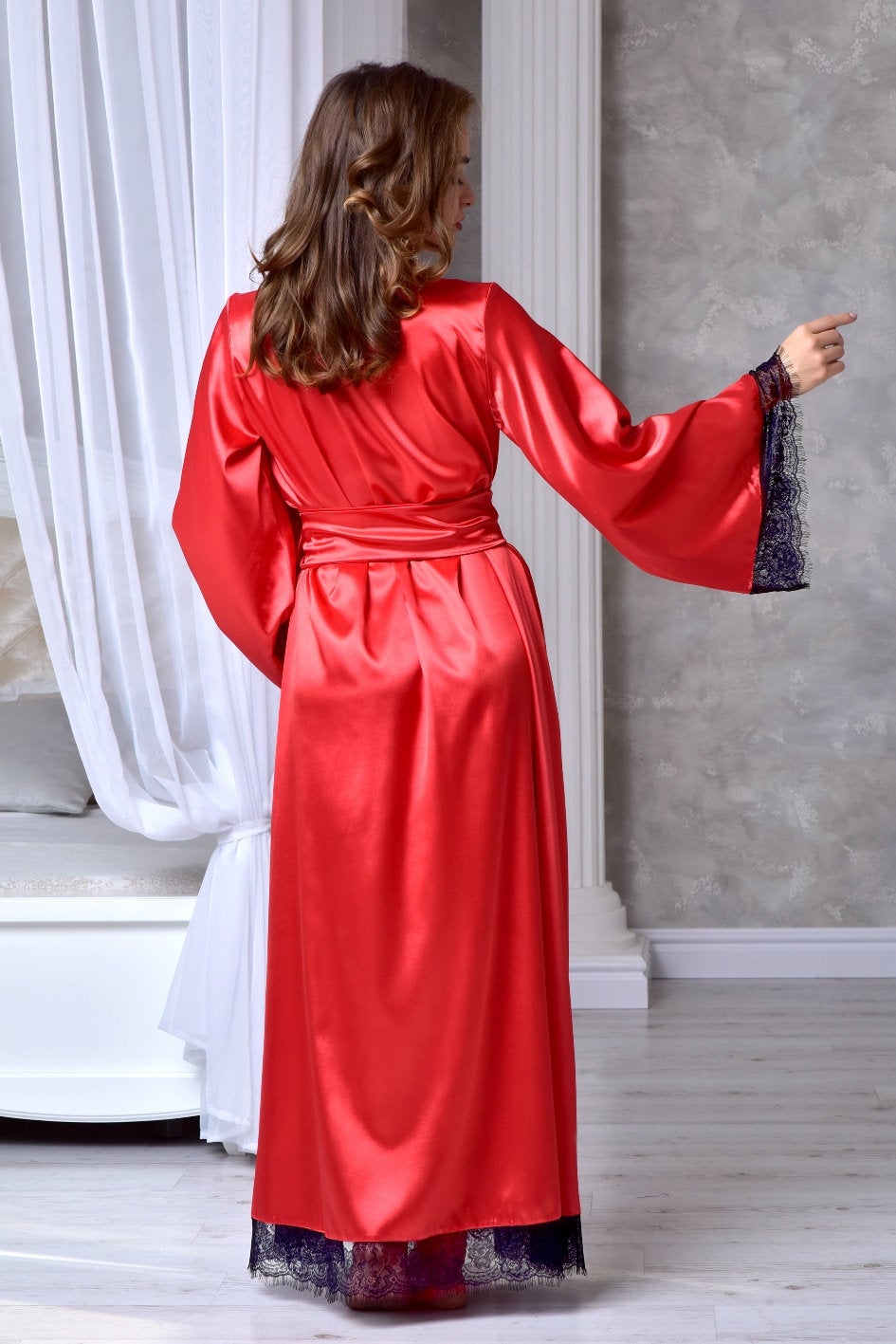 Luxe Red Bridal Maxi Robe with Black Lace