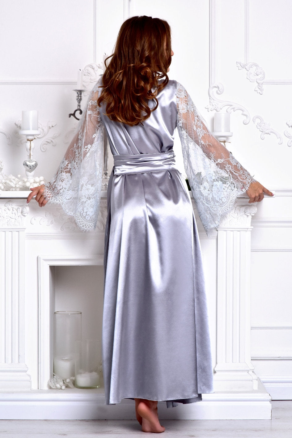Charming Bridal Robe - Silver Gray Lace Sleeves