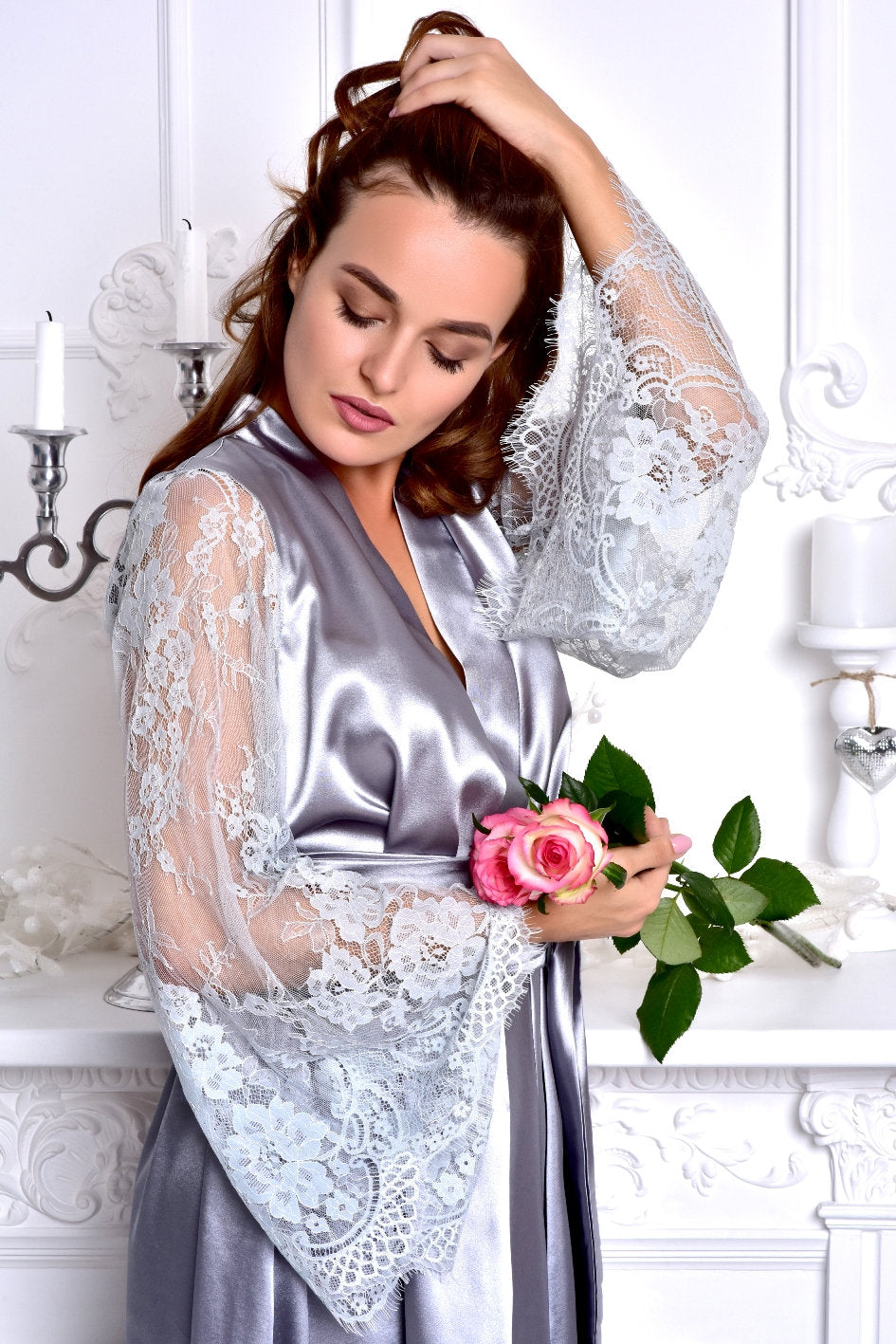 Romantic Evening Lingerie - Gray Satin Robe