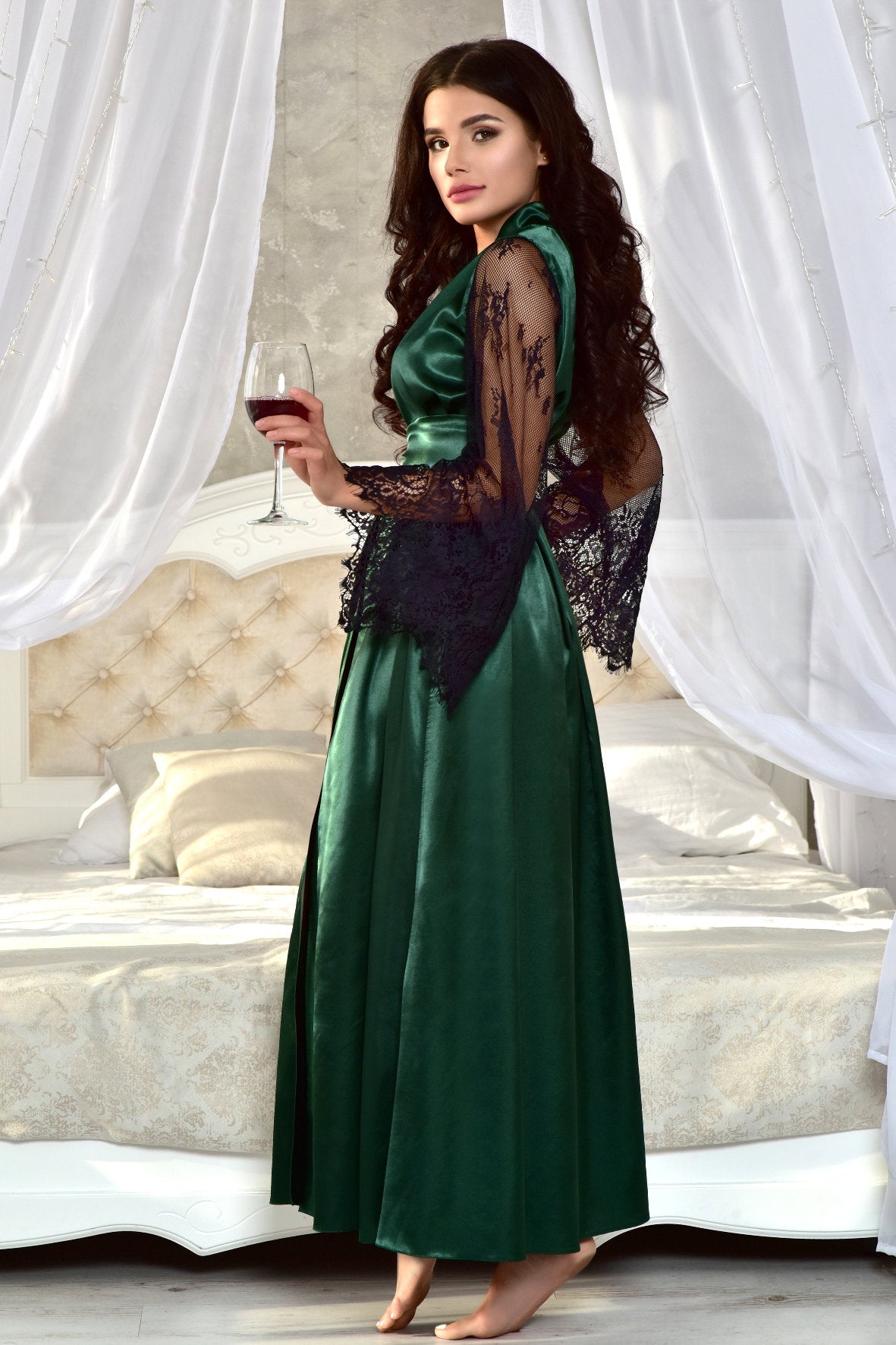 Handcrafted Bridal Robe in Dark Green Satin with Plus Size Options