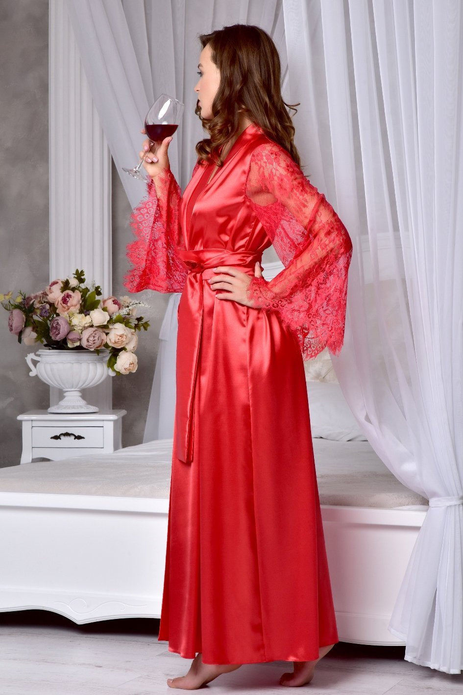 Lace Sleeve Bridal Robe in Red - Wedding and Bachelorette Attire