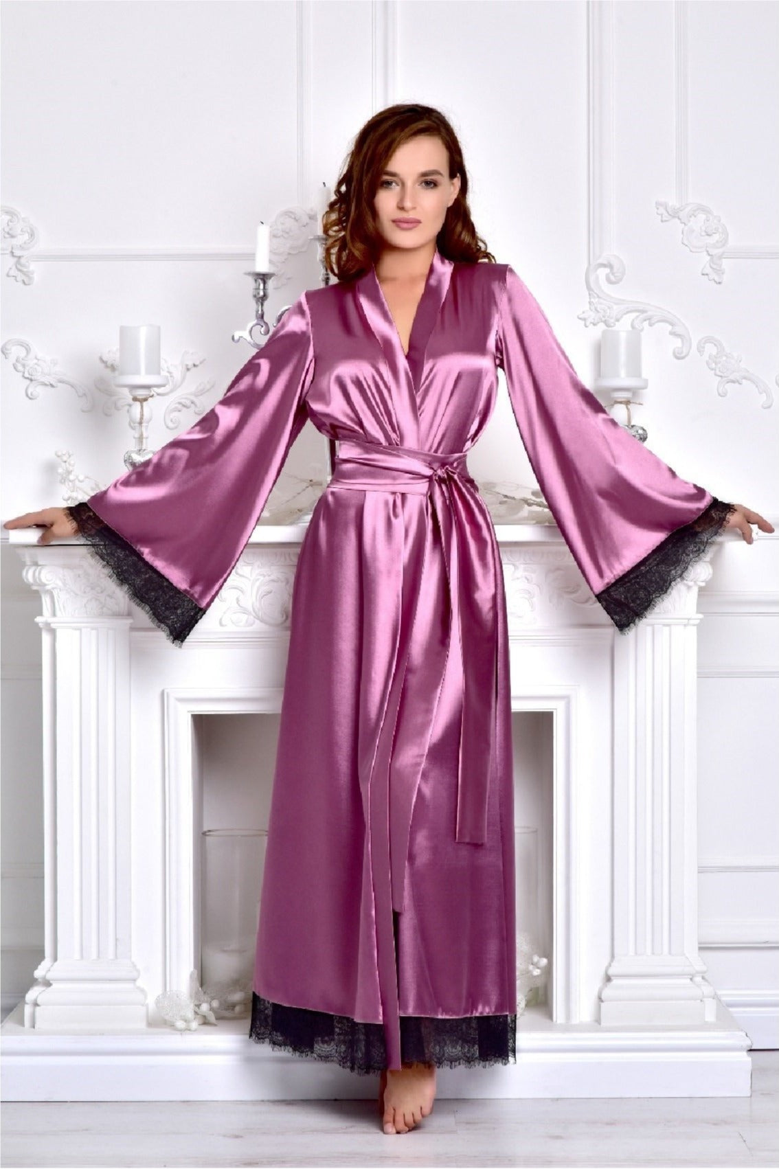 Dark Pink Bridesmaid Dressing Gown Front View - Seductive Stretch Satin