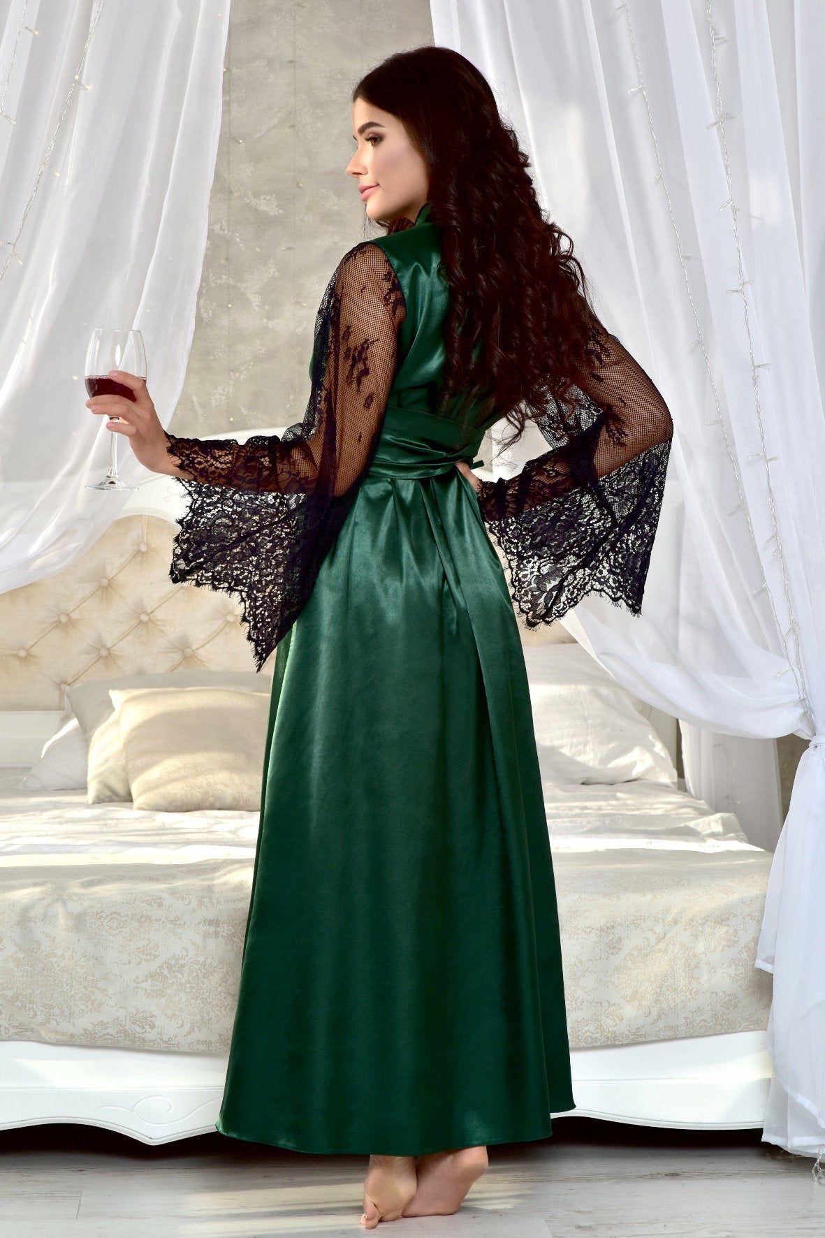 Green satin dressing gown for bachelorette parties