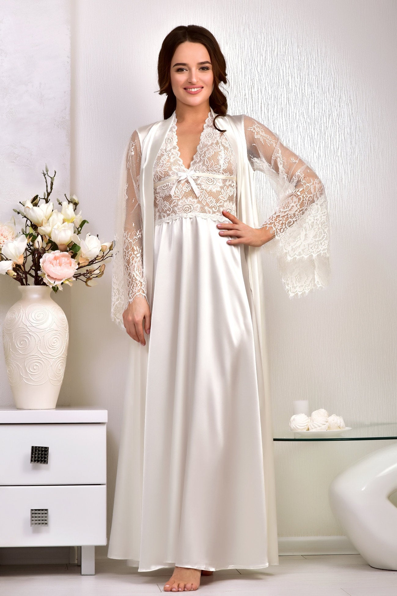 Ivory Bridal Robe and Nightgown Set - Wedding Lingerie