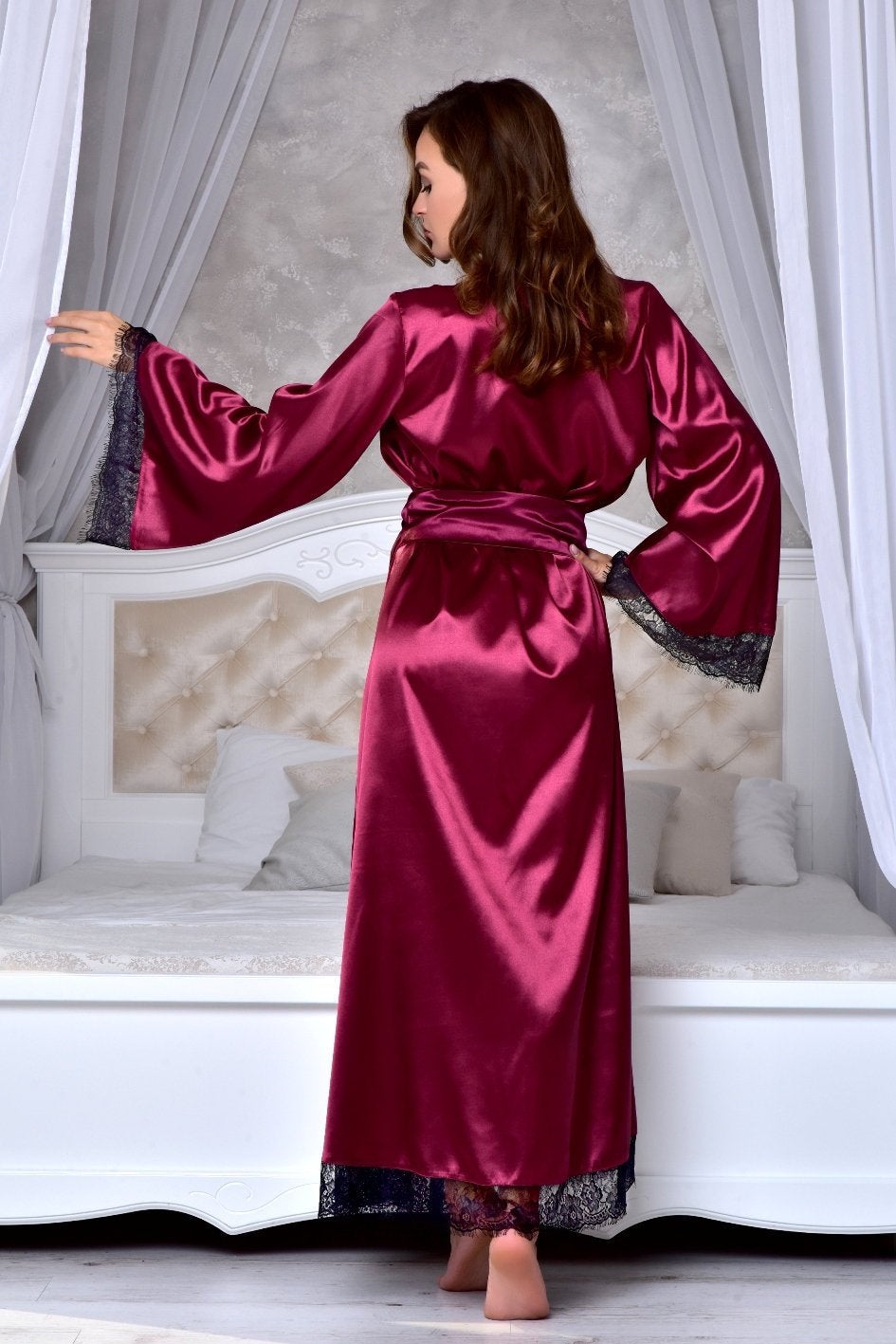 Chic kimono style in our Burgundy Satin Bridal Robe for a memorable photoshoot