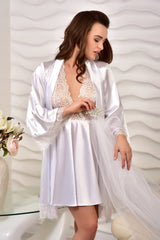 White Satin Bridal Peignoir Set - Front View