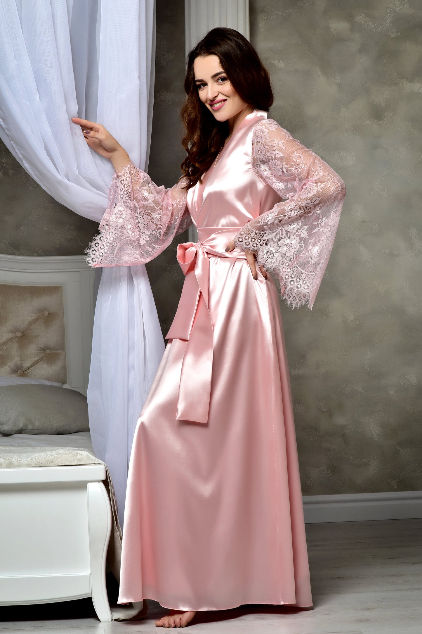 Chantilly Lace Sleeve Bridal Robe in Blush Pink - Classic Elegance for Brides